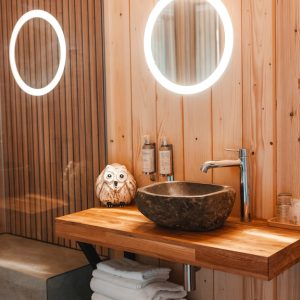 Salle de bain moderne dans un hébergement insolite en bois, avec lavabo en pierre.