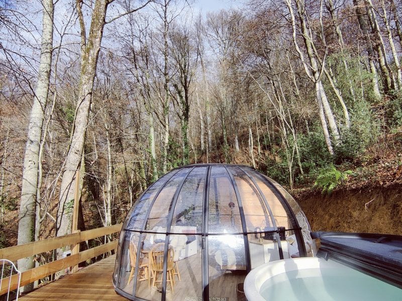 Dôme en verre avec jacuzzi, niché dans une forêt paisible. Parfait pour un séjour romantique.