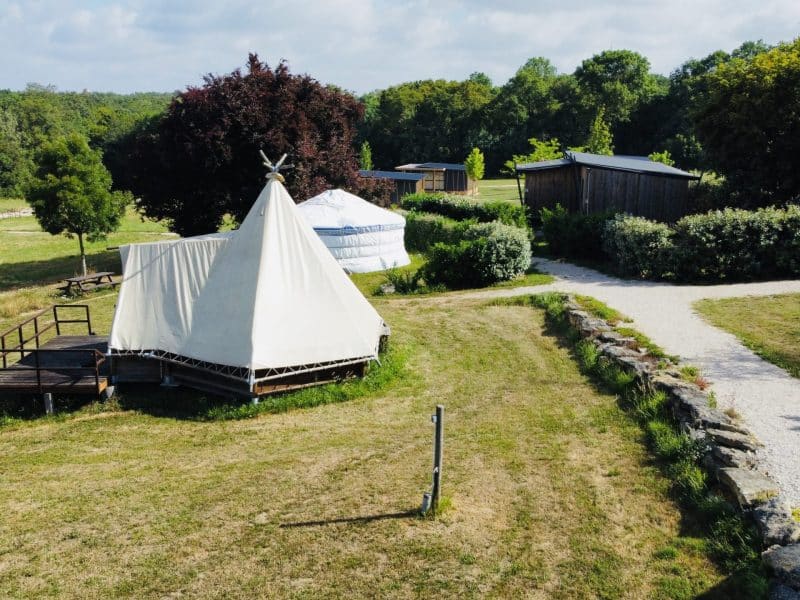 Hébergement en tentes, avec un espace verdoyant et des arbres environnants.