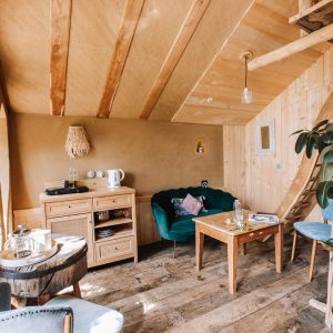 Hébergement insolite en Bretagne : intérieur en bois avec un canapé vert et des détails naturels.