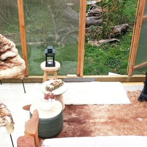Hébergement insolite en cabane vitrée, décor chaleureux avec fauteuils en fourrure.