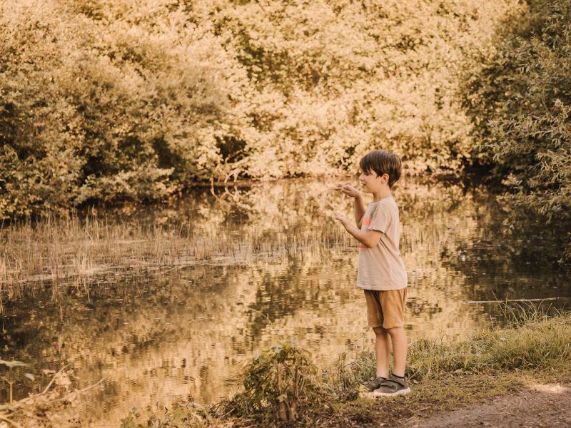 Enfant contemplant un étang paisible près dun hébergement en pleine nature.