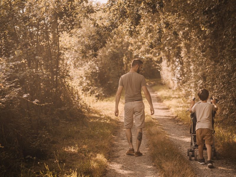 Promenade familiale dans un gîte rural, entouré de verdure apaisante.