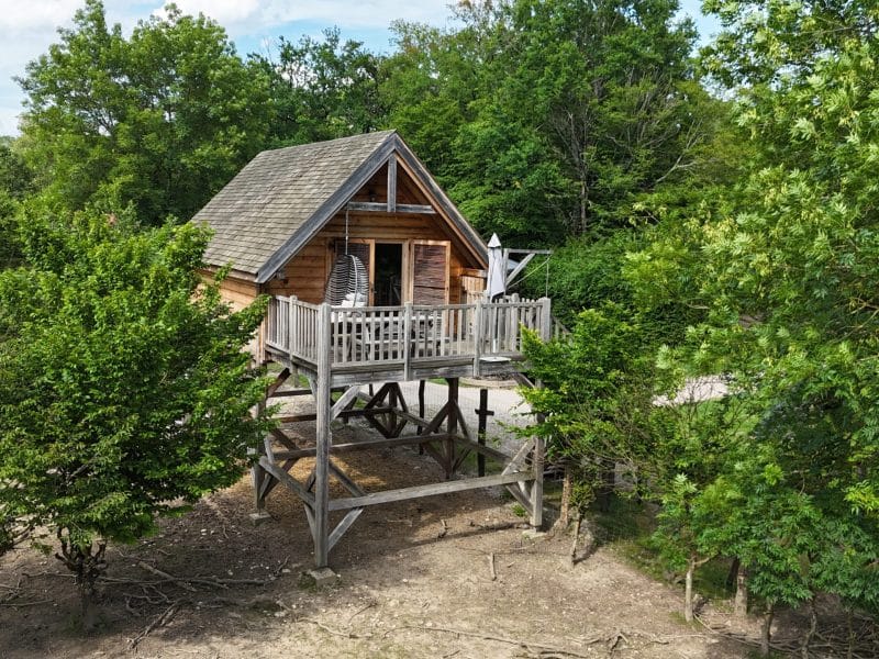 Cabane perchée en bois, entourée de verdure, offrant une vue imprenable sur la nature.