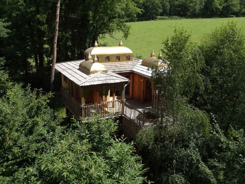 Cabane perchée dans les arbres, avec un toit doré et entourée de verdure.