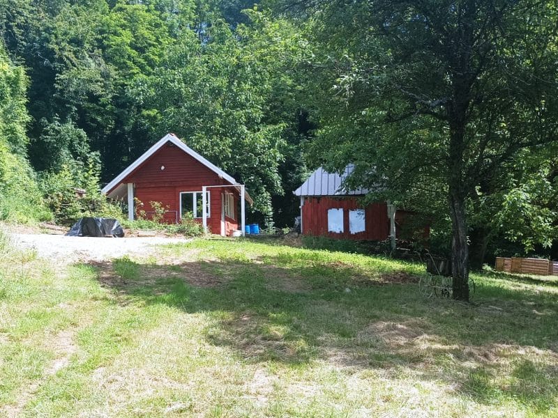 Charmante cabane en bois rouge entourée de verdure luxuriante.