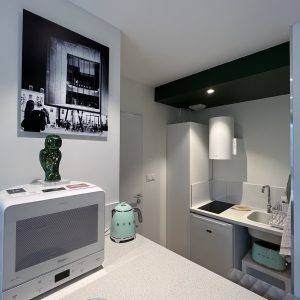 Hébergement insolite en Bourgogne : cuisine moderne avec électroménagers élégants.