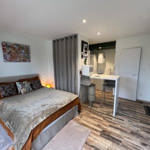 Chambre moderne en hébergement insolite, avec lit douillet et kitchenette équipée.