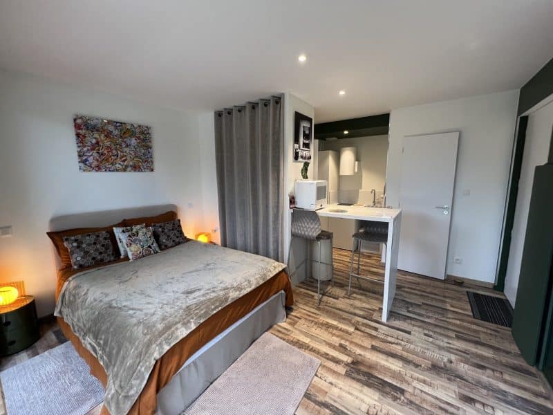 Chambre dhôtes moderne avec lit confortable et kitchenette intégrée.