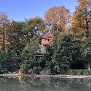 Cabane perchée au bord de leau, entourée darbres verdoyants en Auvergne-Rhône-Alpes.