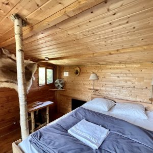 Cabane en bois cosy en Auvergne-Rhône-Alpes, avec lit douillet et décor naturel.