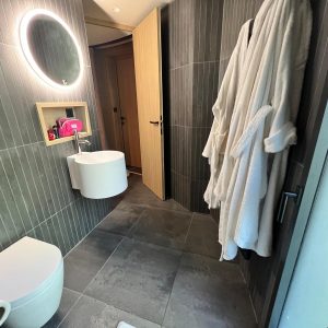 Salle de bain moderne dun hébergement insolite en Auvergne-Rhône-Alpes, avec peignoirs.