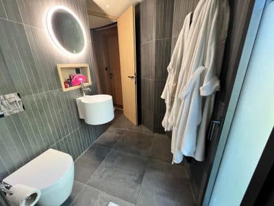 Salle de bain moderne dun hébergement insolite en Auvergne-Rhône-Alpes, avec peignoirs.