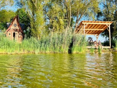 Cabane en bois au bord de leau, entourée de verdure et dun espace détente.