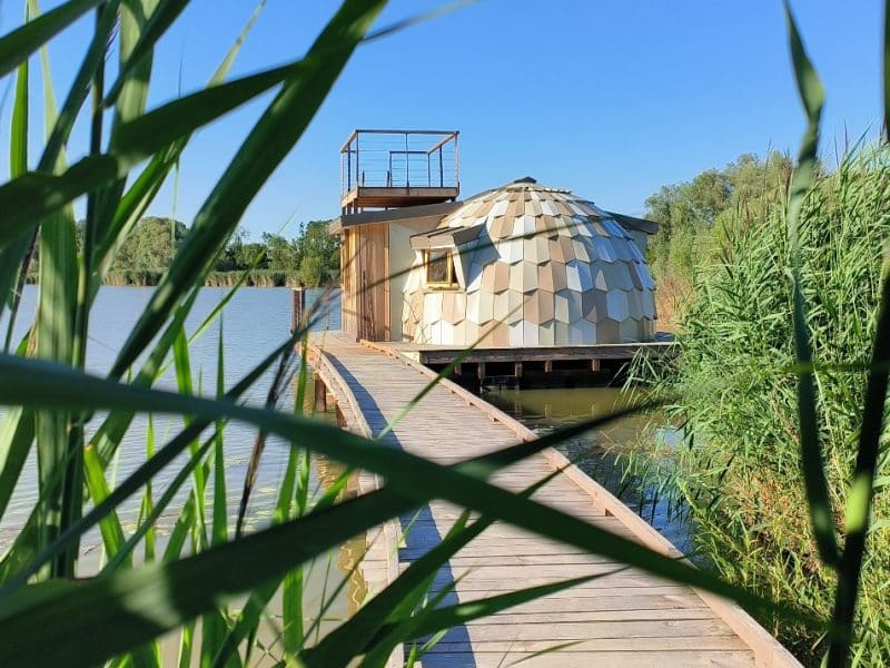Hébergement insolite en forme de dôme sur pilotis, entouré de verdure et deau.