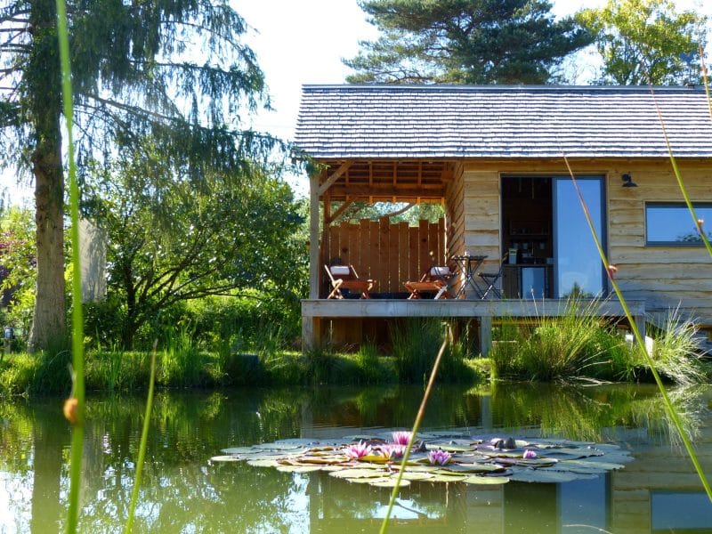 Cabane en bois au bord dun étang, entourée de verdure et de nénuphars.