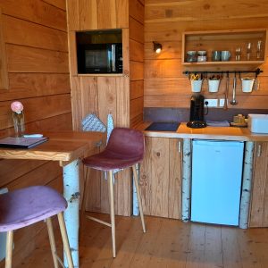 Cabane en bois cosy avec cuisine équipée et mobilier en bois clair.