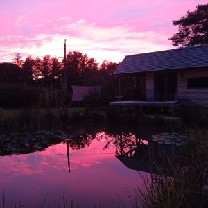 Cabane en bois au bord dun étang, reflet du ciel rose au coucher de soleil.