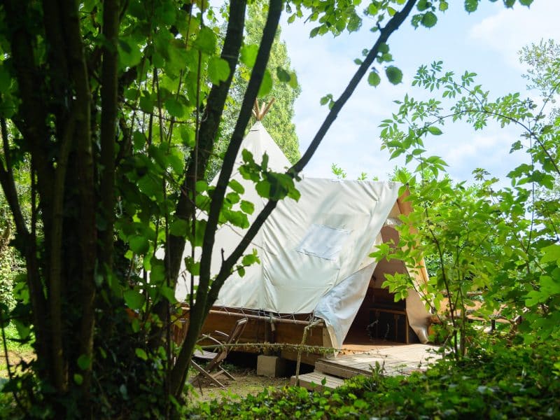 Tente tipi nichée dans la verdure, offrant un cadre naturel apaisant.
