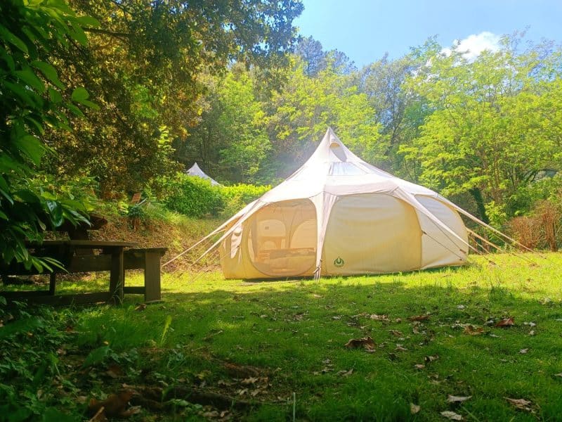 Tente tipi spacieuse au cœur de la nature, entourée de verdure luxuriante.
