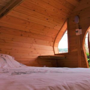 Cabane en bois avec lit confortable et grandes fenêtres offrant une vue sur la nature.
