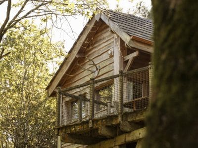 Cabane perchée en bois, entourée darbres verdoyants dans les Pays de la Loire.