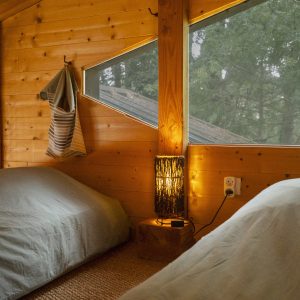 Cabane en bois dans les Pays de la Loire, avec lumière douce et vue sur la nature.