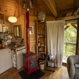 Cabane en bois dans les arbres, avec un intérieur chaleureux et lumineux.