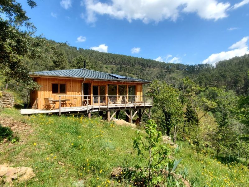 Cabane en bois avec terrasse, nichée dans la verdure du Languedoc-Roussillon.