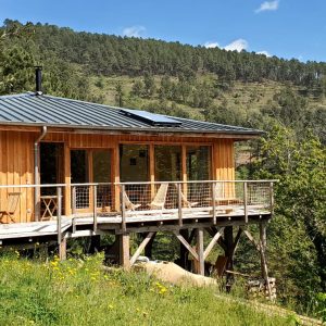 Cabane en bois perchée, offrant une vue panoramique sur la nature verdoyante.