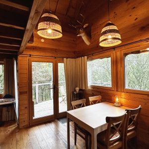Cabane en bois à Pays de la Loire, avec un intérieur chaleureux et des lampes suspendues.