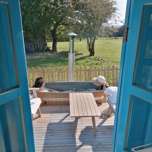 Hébergement insolite en Pays de la Loire avec baignoire extérieure et vue sur la nature.
