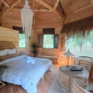 Cabane en bois au Pays de la Loire, avec lit douillet et décoration naturelle.