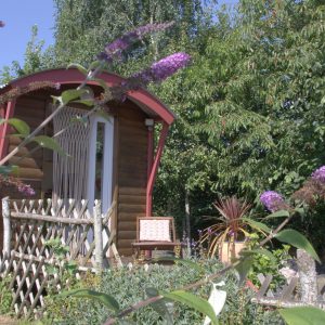 Roulotte en bois entourée de verdure et de fleurs colorées à Pays de la Loire.