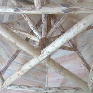 Toit en bois de cabane insolite dans les Pays de la Loire, avec poutres apparentes.