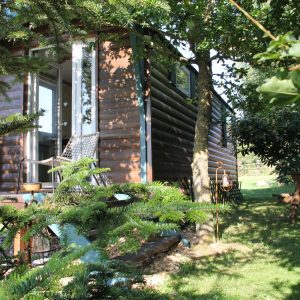 Cabane en bois dans un jardin verdoyant, avec terrasse et chaises confortables.