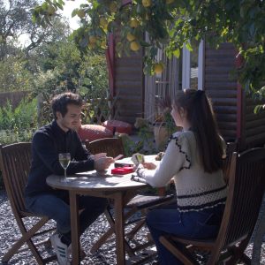 Hébergement insolite en Pays de la Loire : un couple partage un repas sous un arbre fruitier.