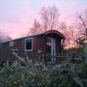 Cabane en bois dans le Pays de la Loire, sous un ciel rose au coucher du soleil.