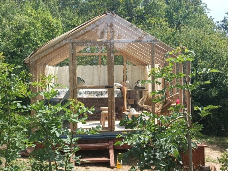 Cabane en bois avec grandes fenêtres, entourée de verdure luxuriante.