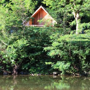Cabane en bois au bord de leau, entourée de verdure luxuriante à Languedoc-Roussillon.