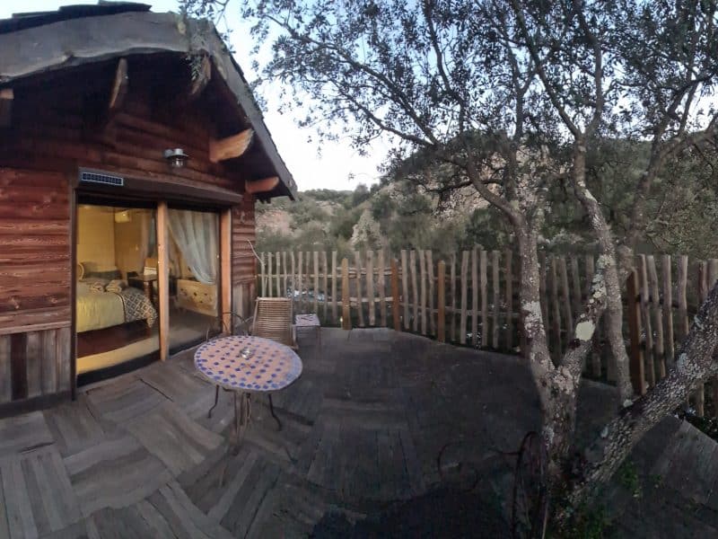 Cabane perchée avec terrasse en bois, entourée darbres verdoyants.
