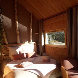 Chalet en bois avec grandes fenêtres, décor naturel et ambiance chaleureuse.