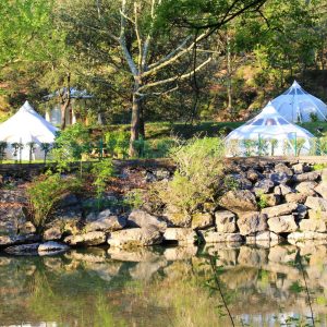 Hébergement insolite en tentes, au bord dun étang, entouré de verdure.