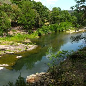 Hébergement insolite en pleine nature, au bord dune rivière paisible entourée darbres.