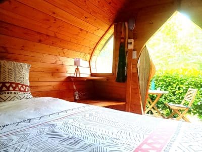 Cabane en bois avec intérieur chaleureux et vue sur la nature verdoyante.
