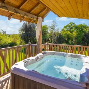 Cabane perchée en Aquitaine avec jacuzzi sur une terrasse en bois, vue sur la nature.