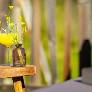 Verre de jus frais sur une table en bois, hébergement insolite en Aquitaine.