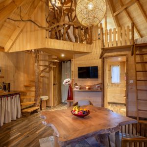 Cabane en bois dans les arbres, avec un intérieur chaleureux et un grand lustre.