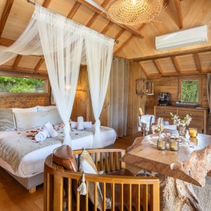 Cabane en bois en Aquitaine, avec lit douillet et décor naturel chaleureux.