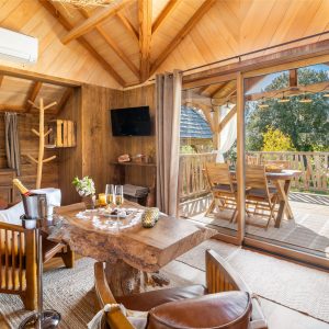 Cabane en bois en Aquitaine, avec terrasse ensoleillée et décoration chaleureuse.